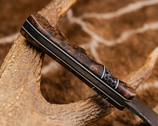 Field Knife (CruWear) - Chechen Caribbean Rosewood, Black G10 and White G10 Pin Striping, Black with White Web Tru-stone Split, Black and White G10 Pin Striping, Grenade Mosaic Pin, Lightning Bolt Mosaic Pins, Grooved Grip