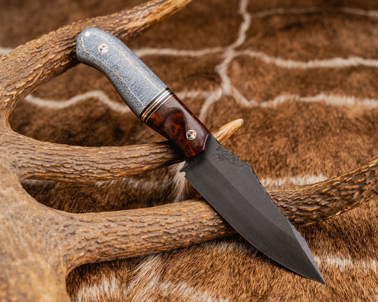 Field Knife (CruWear) - Snakewood, Black G10 and Bronze Split, Shred Carbon, Patriot Mosaic Pins, 1/8" Brass Pin, Contourd Grip