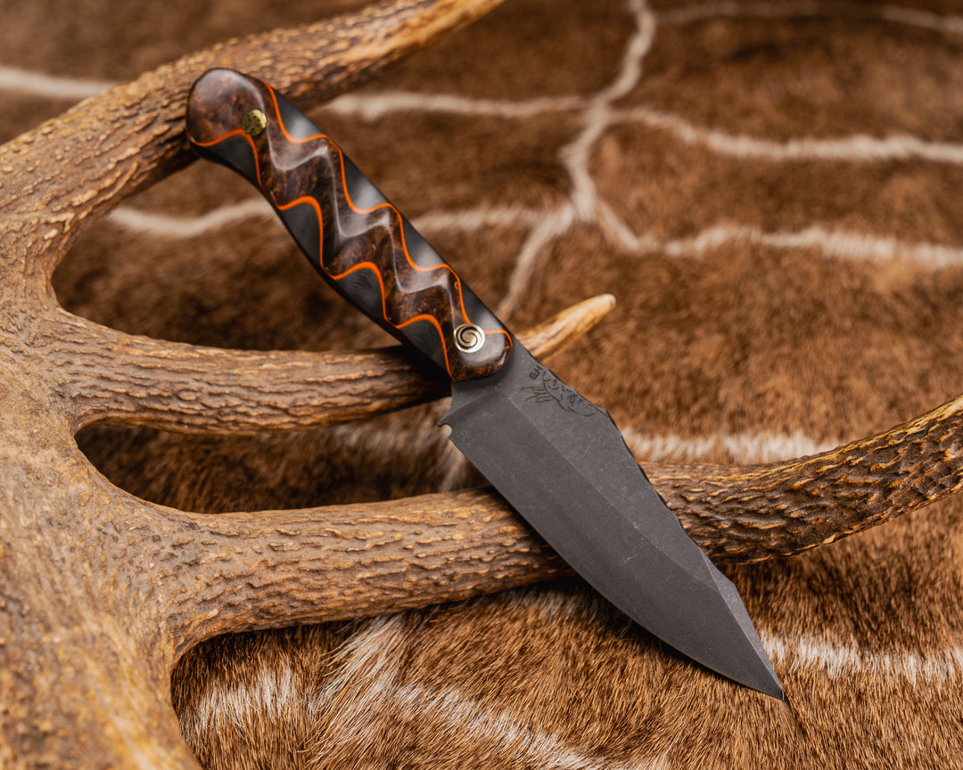 Field Knife (CruWear) - Chechen Caribbean Rosewood Over Orange G10 and Black Dunes Carbon, Pin Wheel Mosaic Pin, Mosaic Pin, Textured Grip