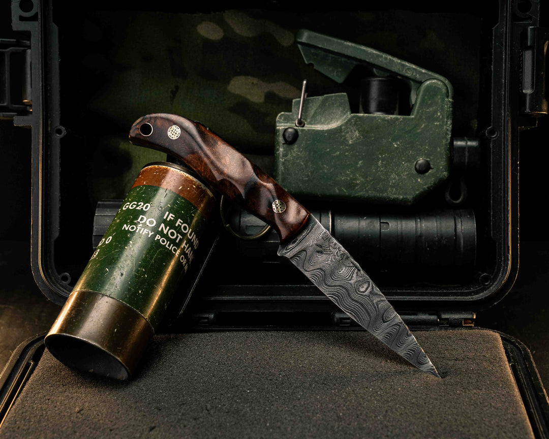 Ryu- Old Stock Damascus- Desert Ironwood, Mosaic Pins, Copper Lanyard Pin, Textured Grip