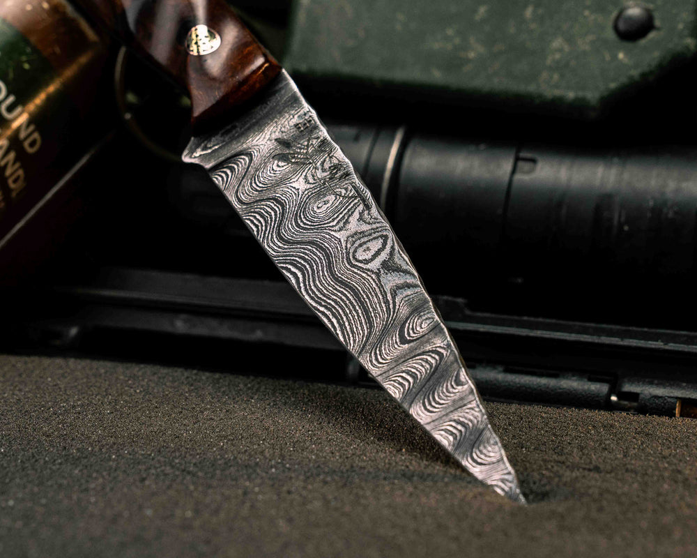 Ryu- Old Stock Damascus- Desert Ironwood, Mosaic Pins, Copper Lanyard Pin, Textured Grip
