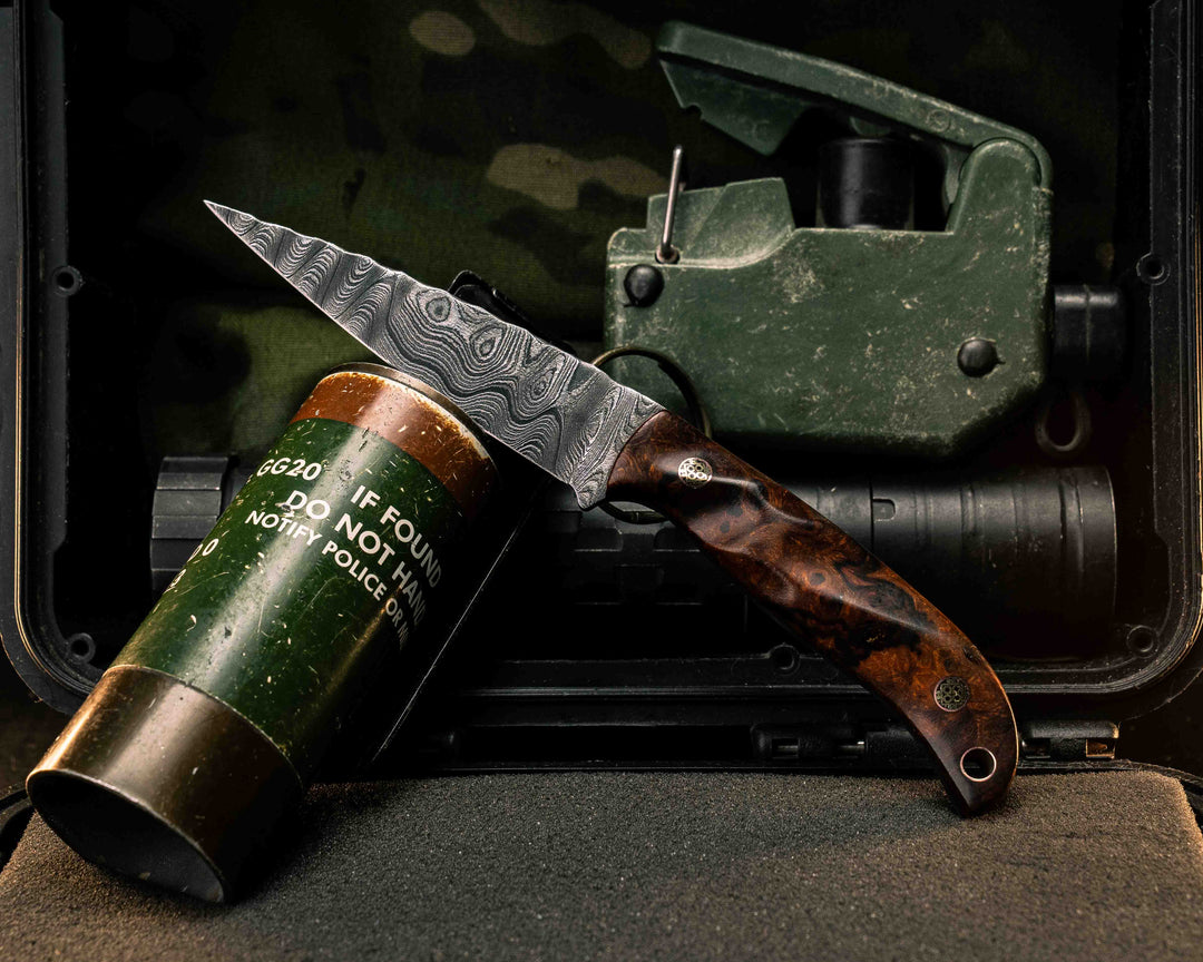 Ryu- Old Stock Damascus- Desert Ironwood, Mosaic Pins, Copper Lanyard Pin, Textured Grip