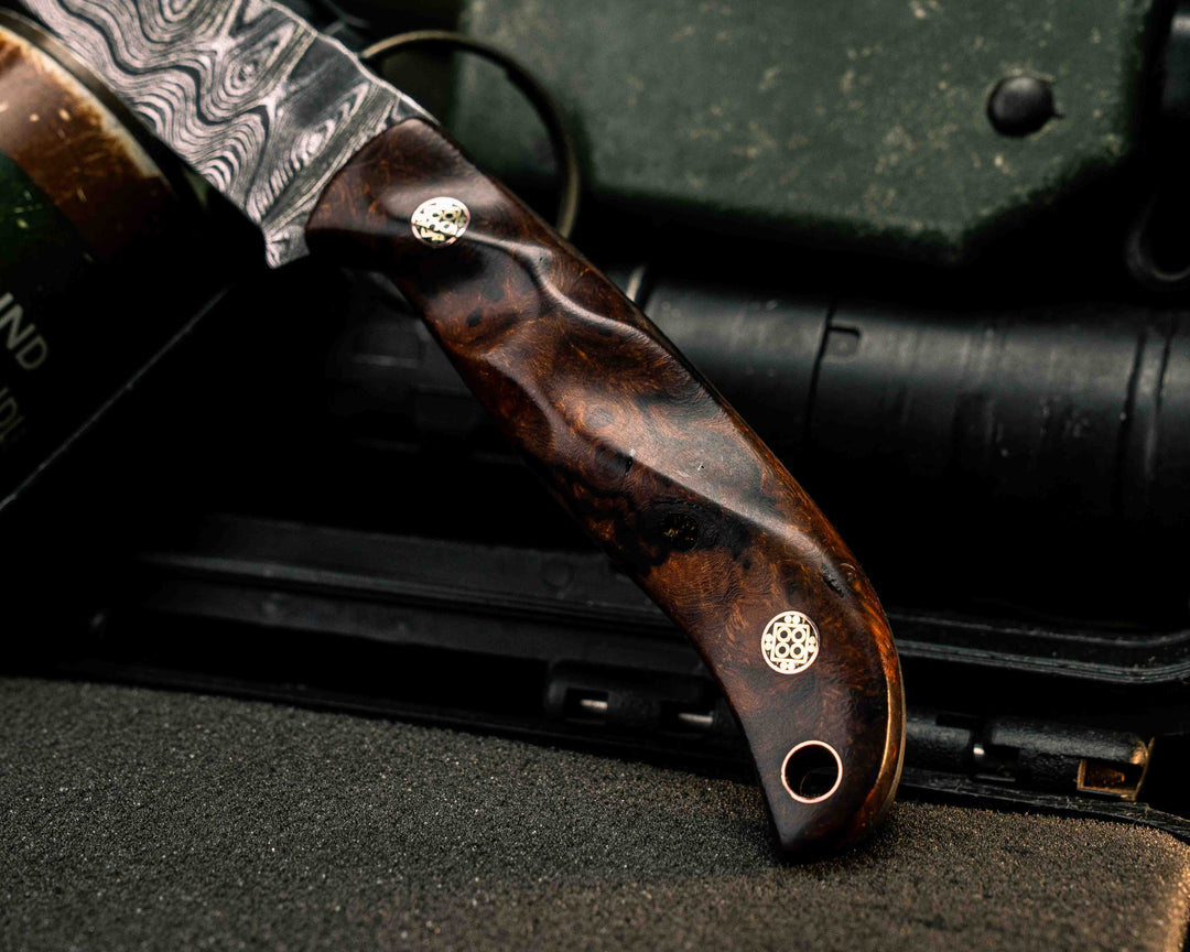 Ryu- Old Stock Damascus- Desert Ironwood, Mosaic Pins, Copper Lanyard Pin, Textured Grip