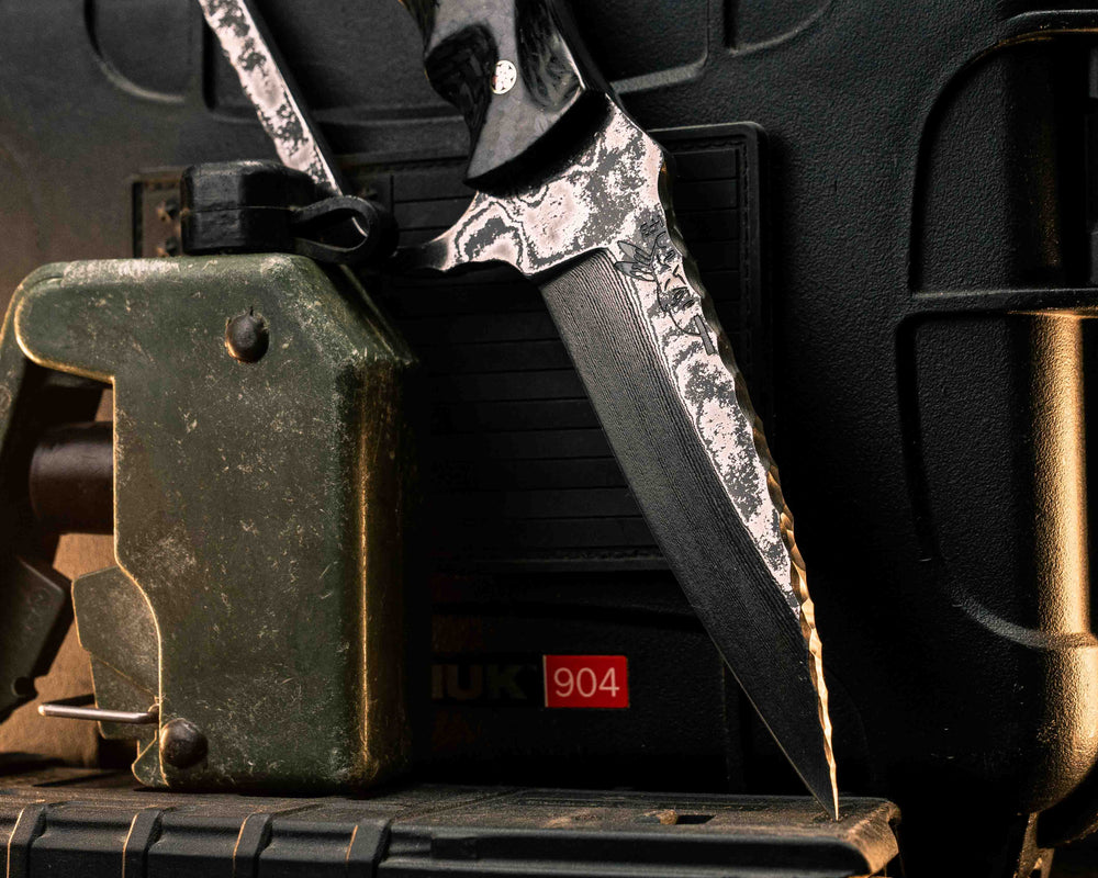 Trench Knife- Baker Forge Random Pattern Damascus- Carbon Fiber, Mosaic Pins, Textured Grip