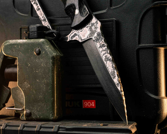 Trench Knife- Baker Forge Random Pattern Damascus- Carbon Fiber, Mosaic Pins, Textured Grip