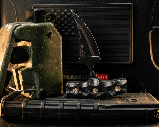 K9 Push Blade- Baker Forge DarkMai (Coppermascus)- Carbon Fiber, Mosaic Pins, Textured Grip