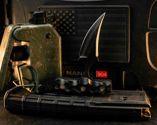 K9 Push Blade- Baker Forge DarkMai (Coppermascus)- Carbon Fiber, Mosaic Pins, Textured Grip