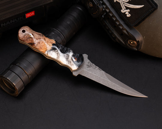 Combat Filet- Black and White Swirl Resin and Burlwood, Patriot Mosaic Pins, Copper Lanyard Pin, Black and White G10 Liner, Textured Grip