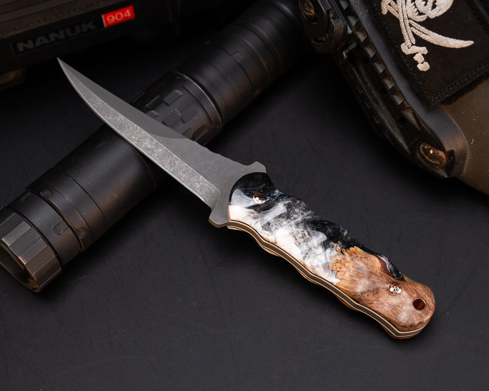 Combat Filet- Black and White Swirl Resin and Burlwood, Patriot Mosaic Pins, Copper Lanyard Pin, Black and White G10 Liner, Textured Grip