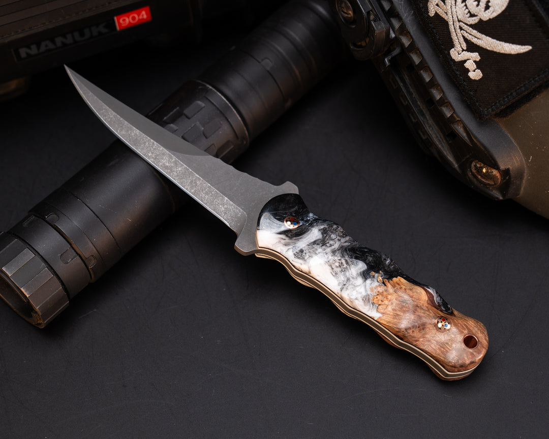 Combat Filet- Black and White Swirl Resin and Burlwood, Patriot Mosaic Pins, Copper Lanyard Pin, Black and White G10 Liner, Textured Grip