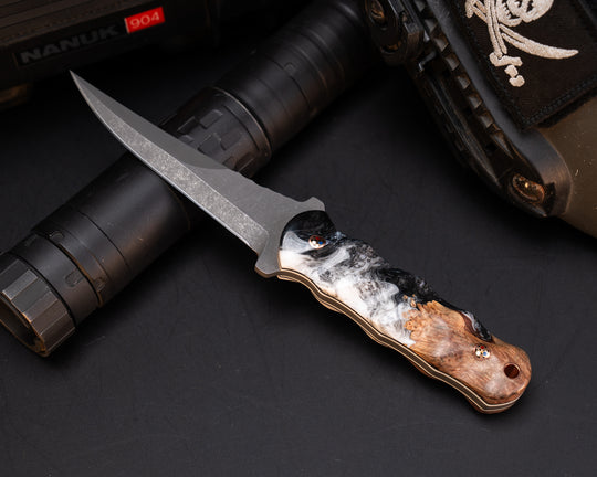 Combat Filet- Black and White Swirl Resin and Burlwood, Patriot Mosaic Pins, Copper Lanyard Pin, Black and White G10 Liner, Textured Grip