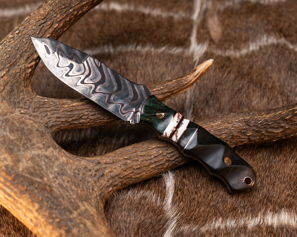 Disaster Jr- Baker Forge Firestorm Ripple CopperMai- Dyed Redwood Burl, Black G10 and Copper Pin Striping, White with Copper Matrix Tru-stone and Dyed Redwood Split, Hawaiian Curly Koa, Mosaic Pins, Copper Lanyard Pin, Textured Grip