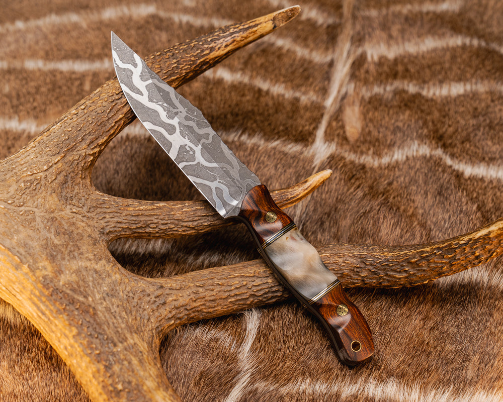 Crow Scout- Desert Ironwood, Black G10, Brass and Aluminum Pin Striping, Rams Horn Split, Brass Mosaic Pins, Brass Lanyard Pin, Textured Grip
