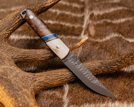 Kwaiken- Black G10, Natural Canvas Micarta and Brass Pin Striping, Blue Dyed Coral Split, Chechen Caribbean Rosewood, Mosaic Pins, Smooth Grip