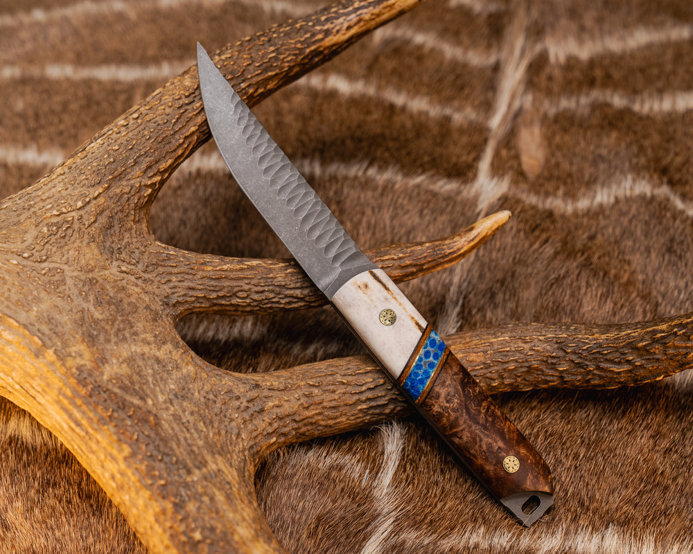 Kwaiken- Black G10, Natural Canvas Micarta and Brass Pin Striping, Blue Dyed Coral Split, Chechen Caribbean Rosewood, Mosaic Pins, Smooth Grip