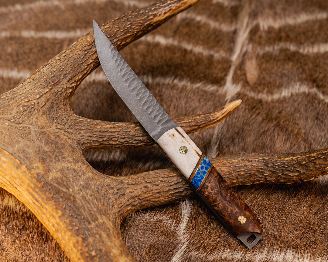 Kwaiken- Black G10, Natural Canvas Micarta and Brass Pin Striping, Blue Dyed Coral Split, Chechen Caribbean Rosewood, Mosaic Pins, Smooth Grip