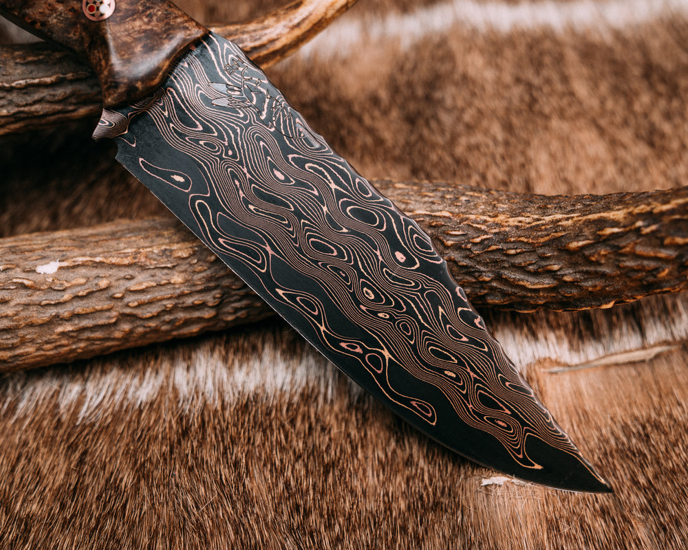 Crow Scout- Baker Forge CopperMai Surge- Chechen Caribbean Rosewood, Black G10 and Copper Pin Striping, Sonoran Turquoise Tru-stone Split, Patriot Mosaic Pins, Copper Lanyard Pin, Textured Grip