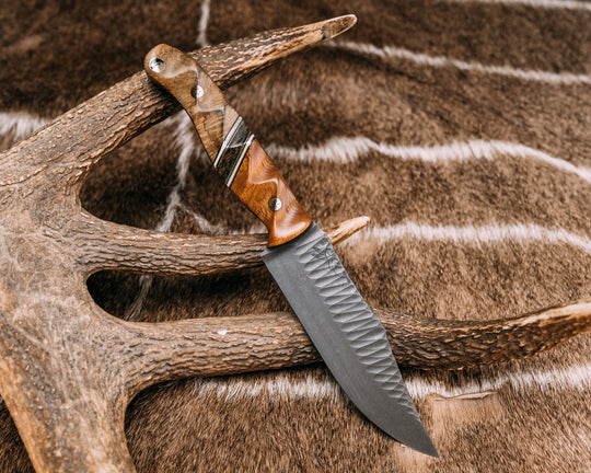 Crow Scout- Desert Ironwood, Black G10, Brass and White G10 Pin Striping, Copper Dark Matter Carbon Split, Teak, Mosaic Pins, Half Face Mosaic Pin, Textured Grip