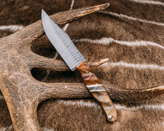 Crow Scout- Desert Ironwood, Black G10, Brass and White G10 Pin Striping, Copper Dark Matter Carbon Split, Teak, Mosaic Pins, Half Face Mosaic Pin, Textured Grip