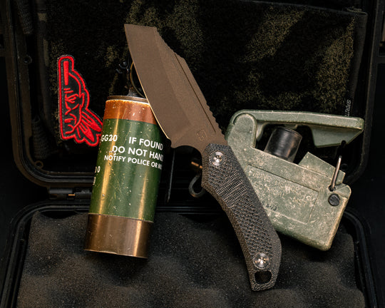 Saxon- Half Face Blades X Grayboe Collab- Black Canvas Micarta, Midnight Bronze Cerakote, Ti Torx Bolts, Jimped Spine, Textured Grip