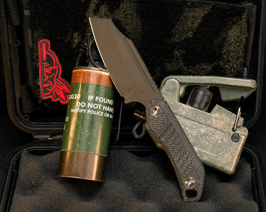 Saxon- Half Face Blades X Grayboe Collab- Black Canvas Micarta, Magpul OD Green Cerakote, Ti Torx Bolts, Jimped Spine, Textured Grip