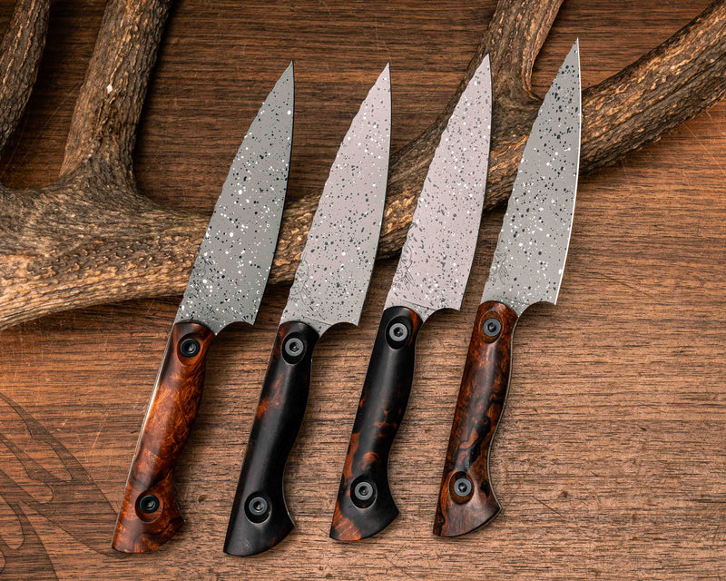 Steak Knife Set (4 Pcs) - Desert Ironwood, Grey, Black and White Splatter Cerakote, Allen Bolts, Smooth Grip