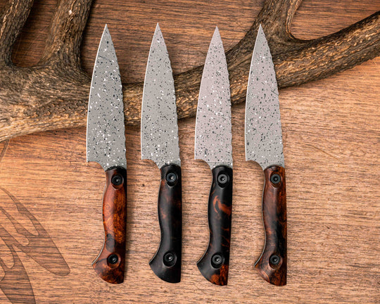 Steak Knife Set (4 Pcs) - Desert Ironwood, Grey, Black and White Splatter Cerakote, Allen Bolts, Smooth Grip