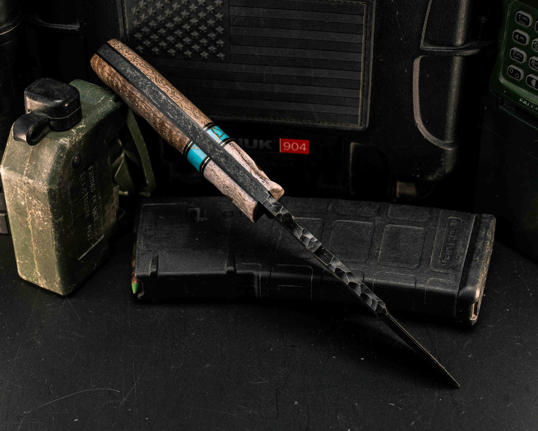 Notched Wire Cutter Breacher Gen 3- Elk Antler, Black G10 and Brass Pin Striping, Turquoise with Gold Web Tru-stone Split, Hawaiian Curly Mango, Mosaic Pins, CF Lanyard Pin, Textured Grip