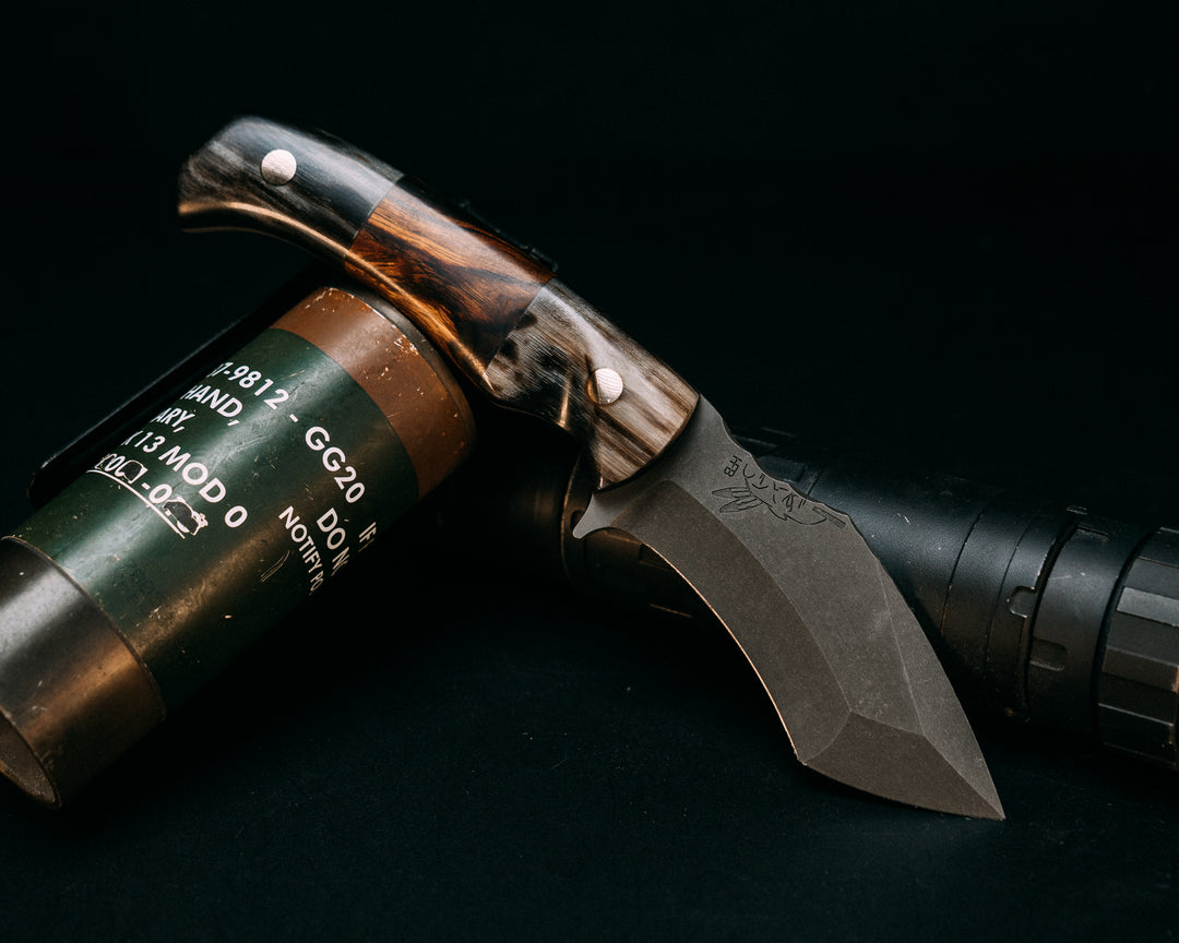 Buteo- Rams Horn, Desert Ironwood Split, Brass Pins, Contoured Grip