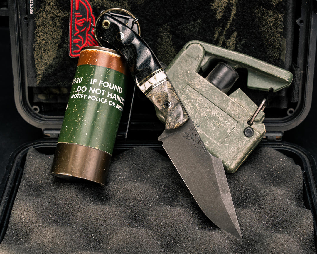 Widow Maker JR- Buckeye Burl, Black G10 and Brass Pin Striping, White with Gold Web Tru-stone Split, Black Burlap Micarta, Mosaic Pins, Brass Lanyard Pin, Textured Grip