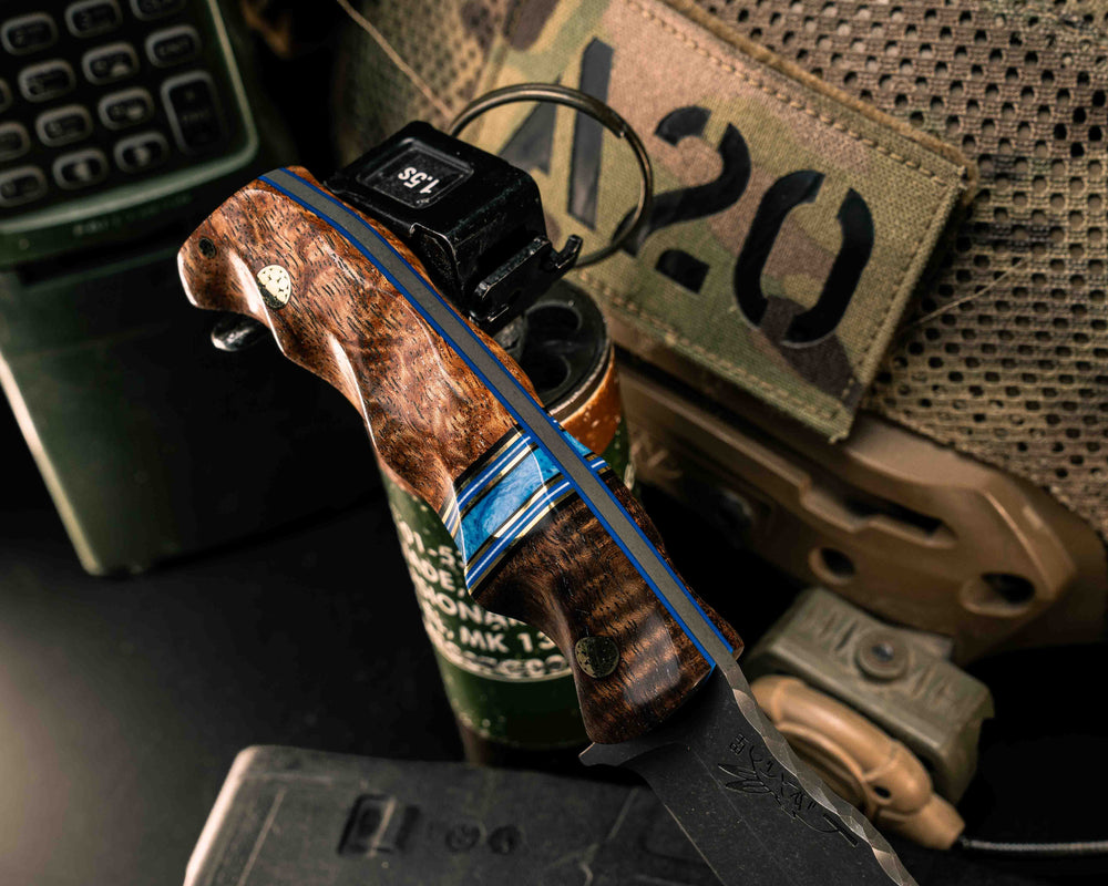 Ishi- Black G10, Brass, Blue G10 and White G10 Pin, Striping Light Denim Lapis Recon Stone Split, Afzelia Burl, Mosaic Pins, Textured Grip