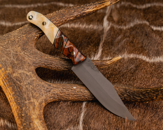 Crow Scout- Desert Ironwood, Black G10 and Brass Pin Striping, Desert Ironwood Split, Giraffe Bone, Mosaic Pins, Textured Grip