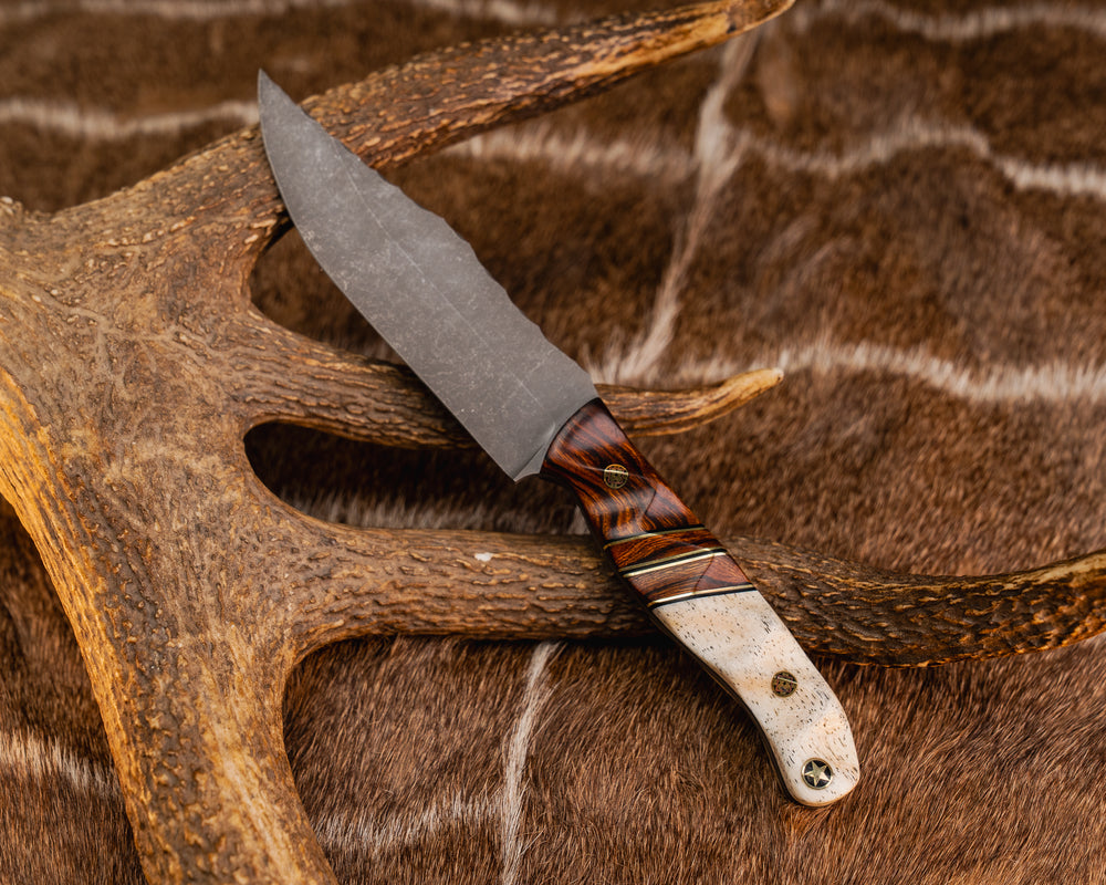 Crow Scout- Desert Ironwood, Black G10 and Brass Pin Striping, Desert Ironwood Split, Giraffe Bone, Mosaic Pins, Textured Grip