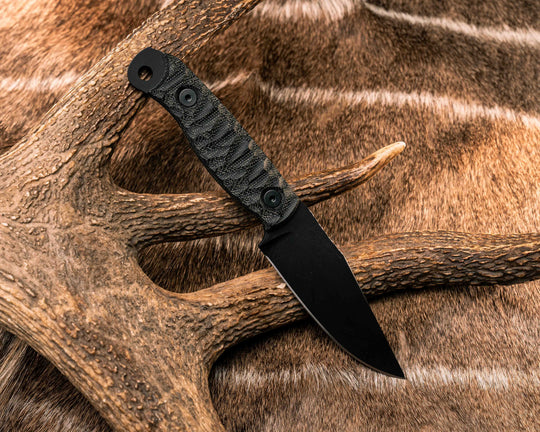 Crow Scalper- Black Canvas Micarta, Armor Black Cerakote, Allen Bolts, Textured Grip