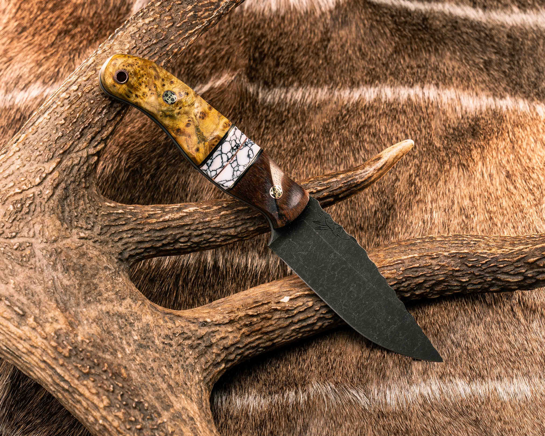 Crow Scalper- Hawaiian Curly Koa, Black G10, Brass and Copper Pin Striping, White Turquoise Tru-stone Split, Amboyna Burl, Mosaic Pins, Copper Lanyard Pin, Textured Grip