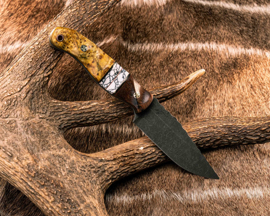 Crow Scalper- Hawaiian Curly Koa, Black G10, Brass and Copper Pin Striping, White Turquoise Tru-stone Split, Amboyna Burl, Mosaic Pins, Copper Lanyard Pin, Textured Grip
