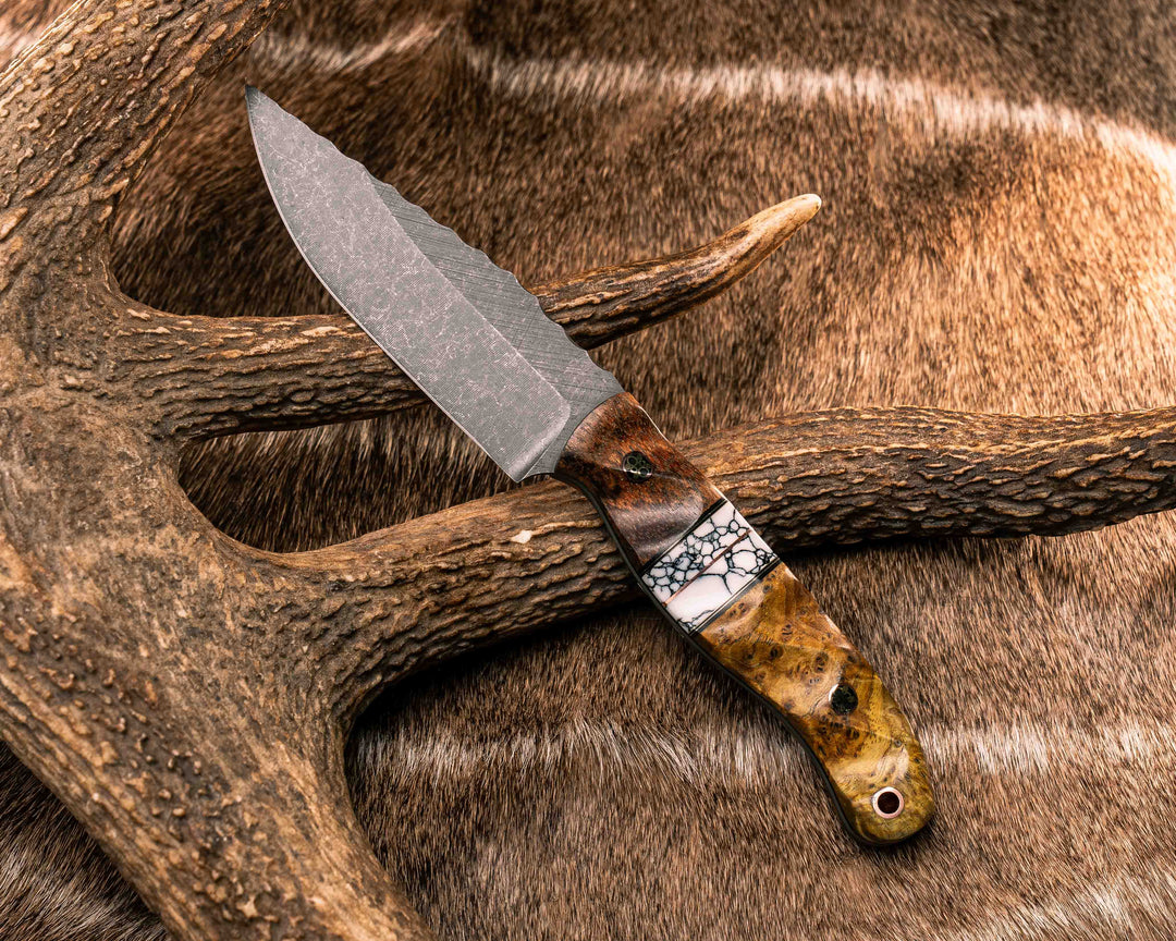 Crow Scalper- Hawaiian Curly Koa, Black G10, Brass and Copper Pin Striping, White Turquoise Tru-stone Split, Amboyna Burl, Mosaic Pins, Copper Lanyard Pin, Textured Grip
