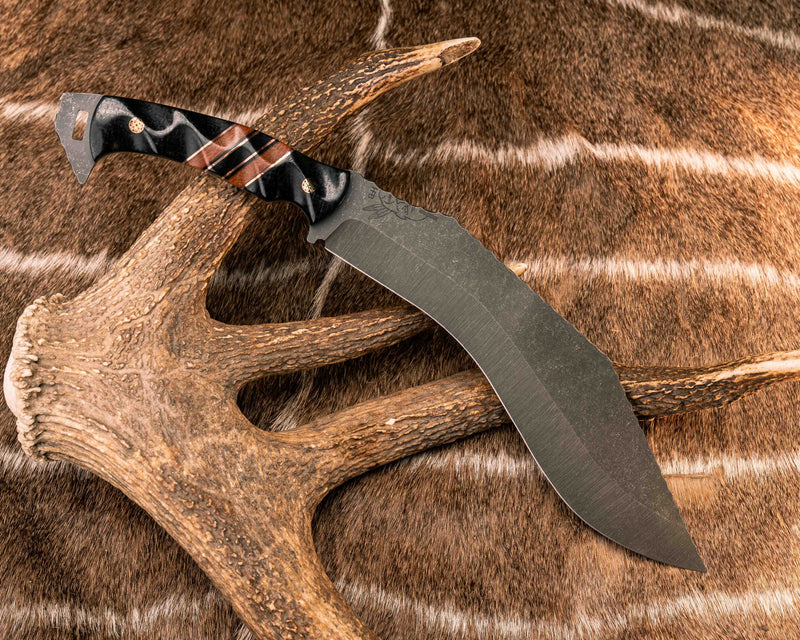 Kukri- Black Burlap Micarta, Copper and Black G10 Pin Striping, Natural Canvas Micarta and Black Burlap Micarta Split, Mosaic Pins, Textured Grip