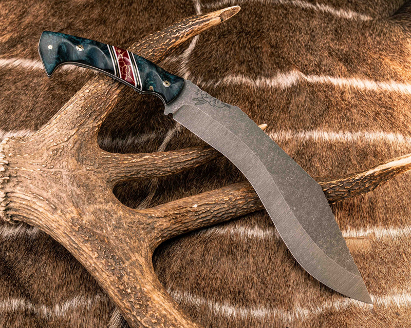 Kukri- Dyed Maple, Black G10, White G10 and Brass Pin Striping, Red with Gold Web Tru-stone Split, Mosaic Pins, Textured Grip