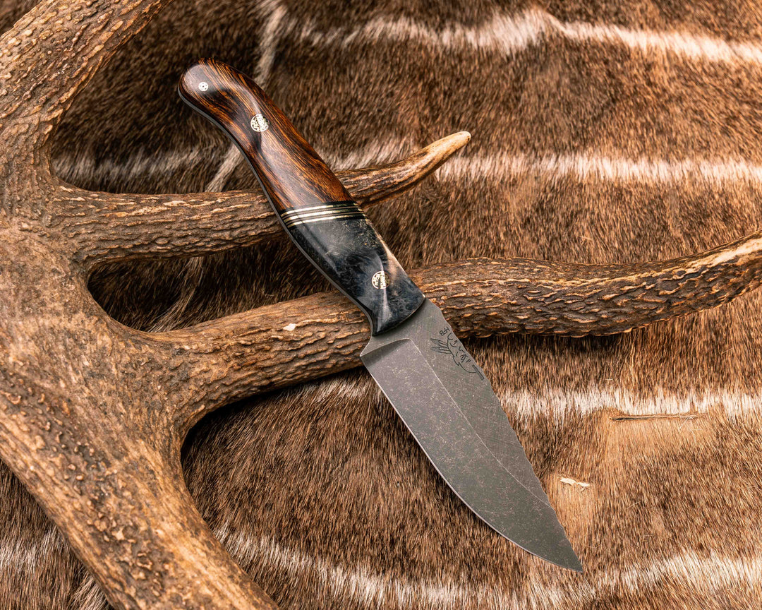 Crow Jr- Dyed Buckeye Burl, Black G10, Brass and Coyote G10 Split, Desert Ironwood, Mosaic Pins, Textured Grip