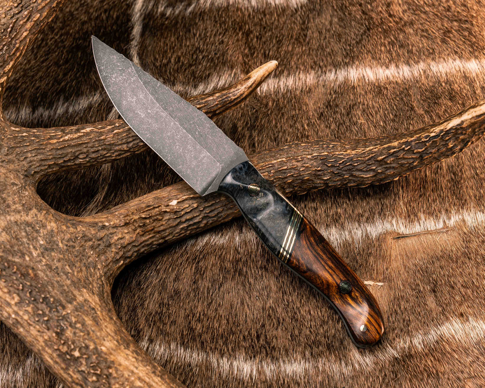 Crow Jr- Dyed Buckeye Burl, Black G10, Brass and Coyote G10 Split, Desert Ironwood, Mosaic Pins, Textured Grip
