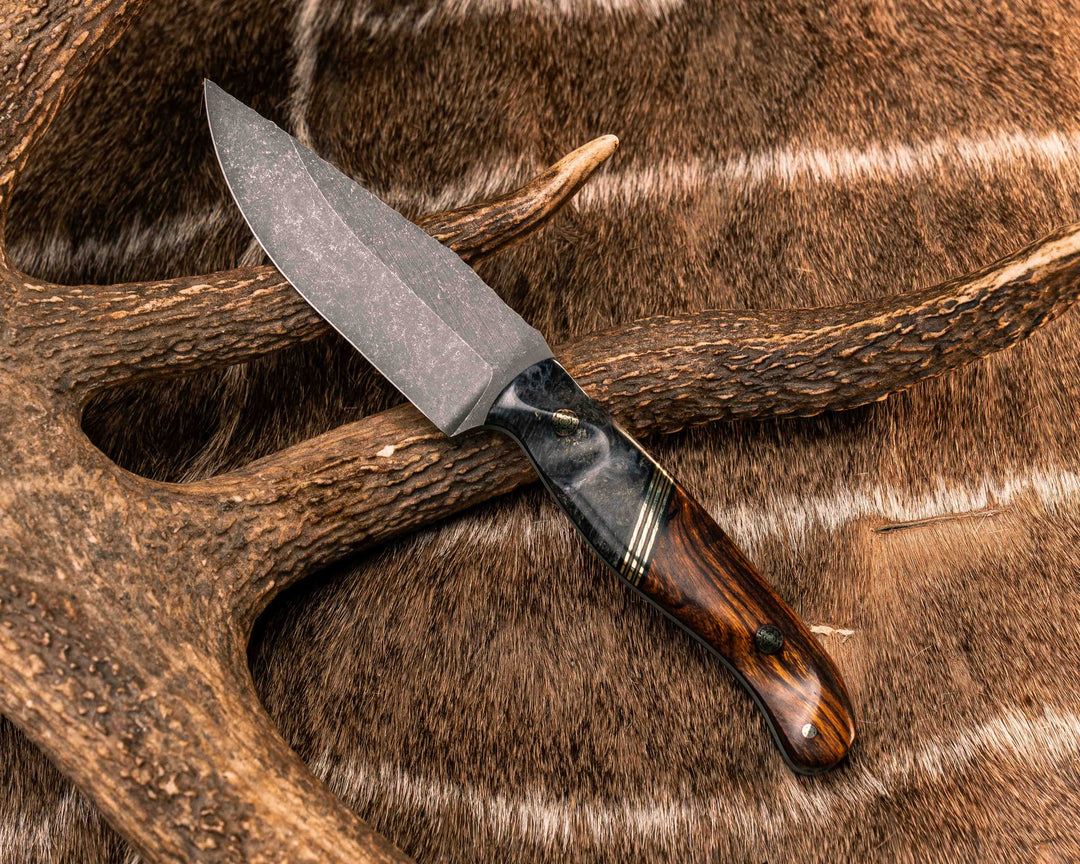 Crow Jr- Dyed Buckeye Burl, Black G10, Brass and Coyote G10 Split, Desert Ironwood, Mosaic Pins, Textured Grip