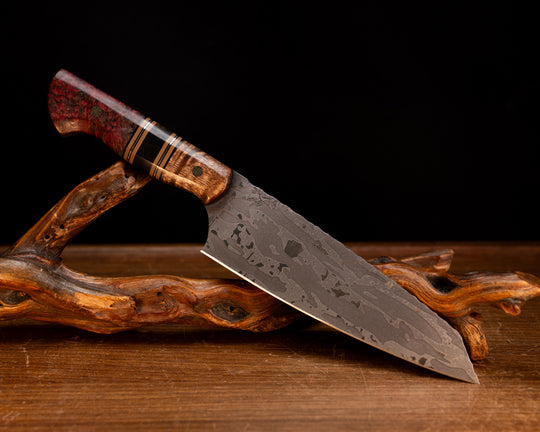 Santoku- Hawaiian Curly Koa, Black G10, Coyote G10 and Copper Pin Striping, Hawaiian Curly Koa Split, Dyed Black Ash Burl, Mosaic Pins, Smooth Grip