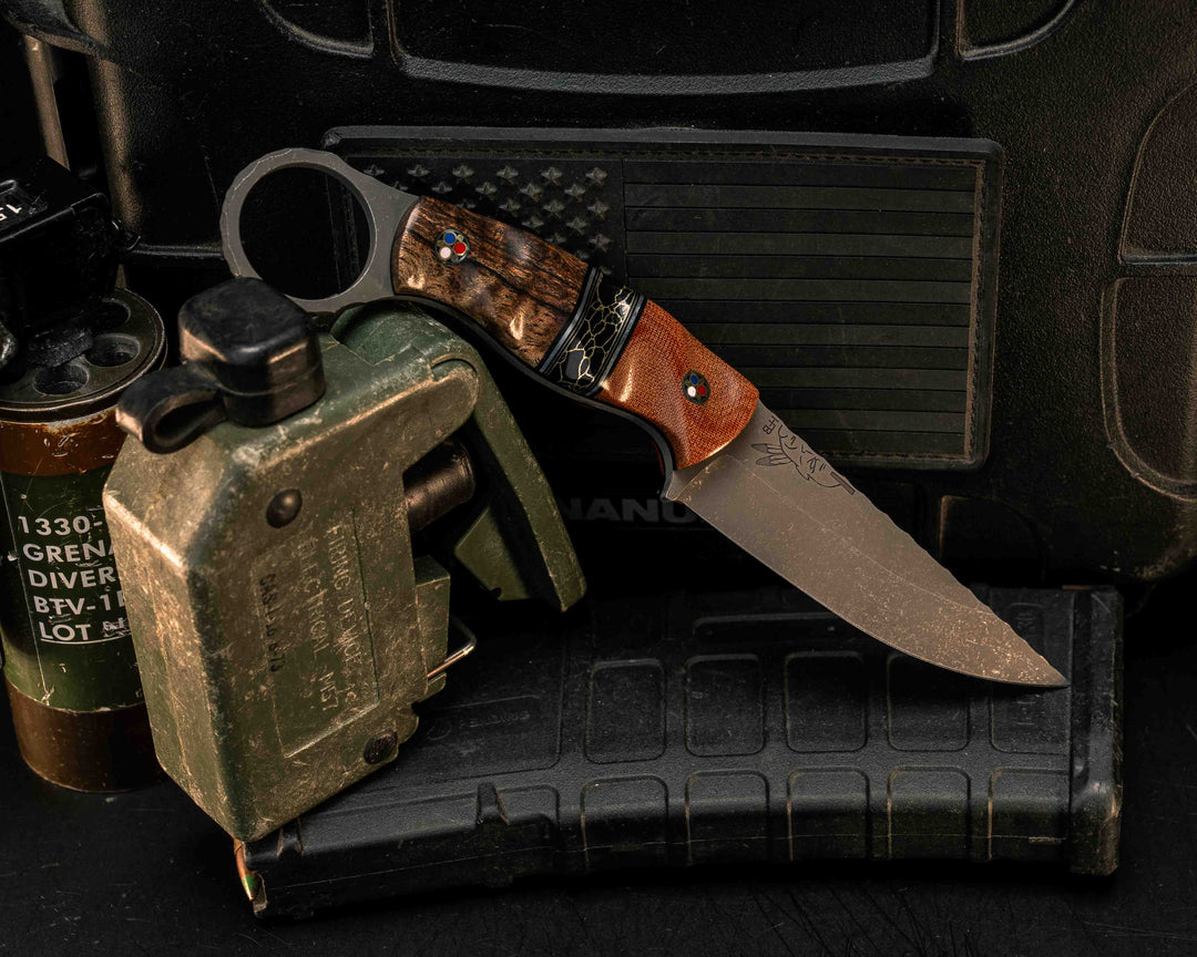 Osoraku 3" Mini- Vintage Westinghouse Micarta, Black G10, Aluminum and Brass Pin Striping, Black with Gold Web Tru-stone Split, Hawaiian Curly Koa, Mosaic Pins, Textured Grip