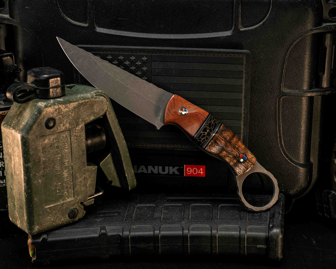 Osoraku 3" Mini- Vintage Westinghouse Micarta, Black G10, Aluminum and Brass Pin Striping, Black with Gold Web Tru-stone Split, Hawaiian Curly Koa, Mosaic Pins, Textured Grip