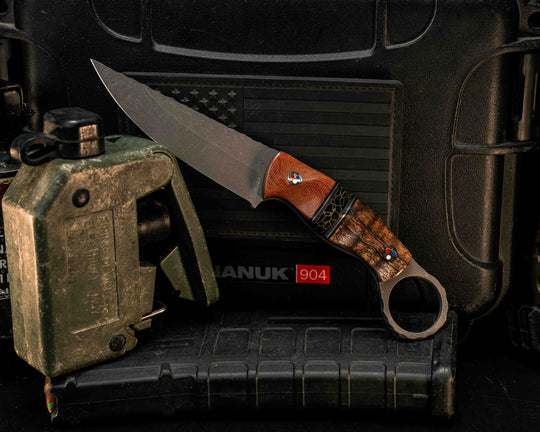 Osoraku 3" Mini- Vintage Westinghouse Micarta, Black G10, Aluminum and Brass Pin Striping, Black with Gold Web Tru-stone Split, Hawaiian Curly Koa, Mosaic Pins, Textured Grip