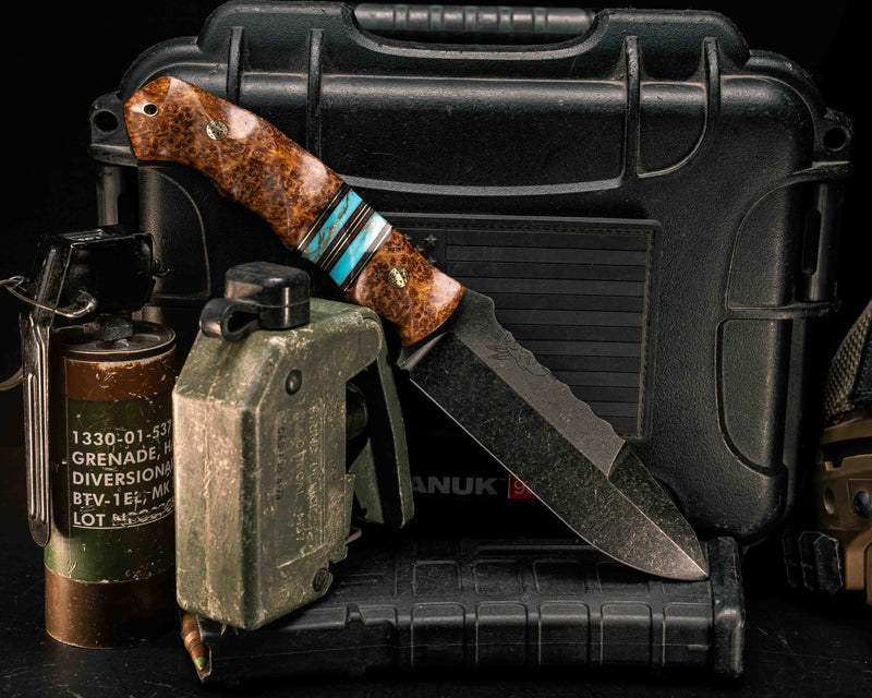 Disaster Breacher Gen 3- Lion's Blood Amboyna, Black G10, Brass and Brown G10 Pin Striping, Turquoise with Gold Web Tru-stone Split, Mosaic Pins, Brass Lanyard Pin, Textured Grip