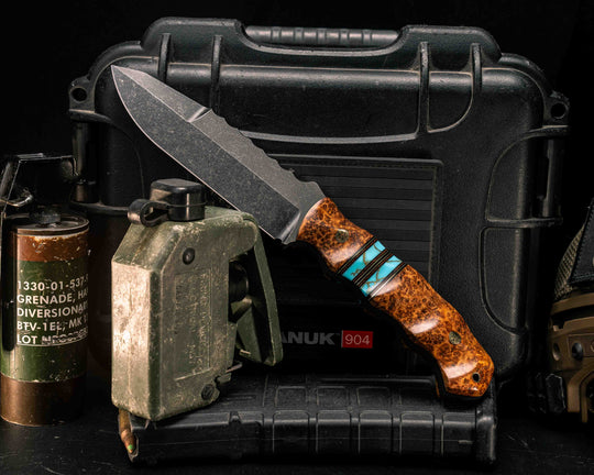 Disaster Breacher Gen 3- Lion's Blood Amboyna, Black G10, Brass and Brown G10 Pin Striping, Turquoise with Gold Web Tru-stone Split, Mosaic Pins, Brass Lanyard Pin, Textured Grip