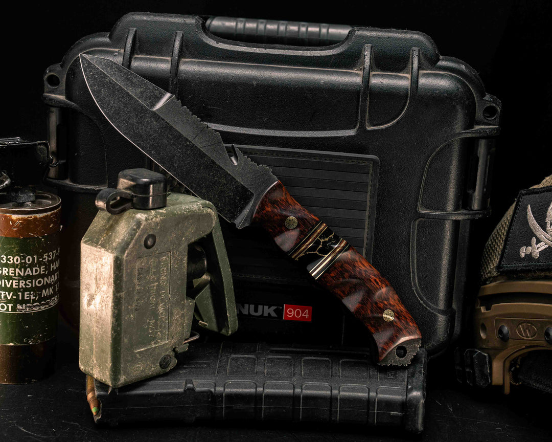 Notched Wire Cutter Breacher Gen 3- Snakewood, Black G10, Brass and Brown Canvas Micarta Pin Striping, Black with Gold Web Tru-stone Split, Mosaic Pins, Textured Grip