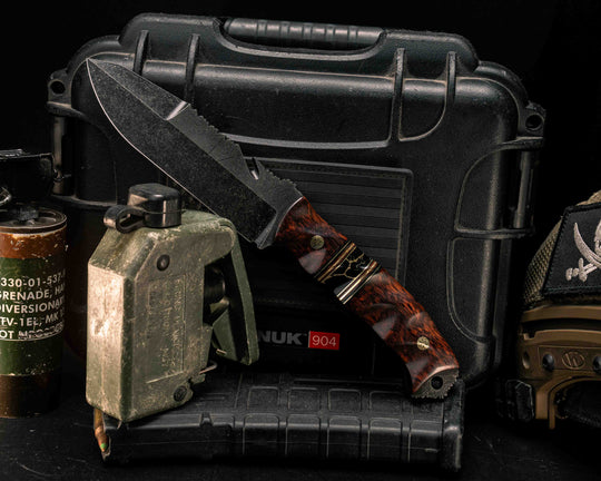 Notched Wire Cutter Breacher Gen 3- Snakewood, Black G10, Brass and Brown Canvas Micarta Pin Striping, Black with Gold Web Tru-stone Split, Mosaic Pins, Textured Grip